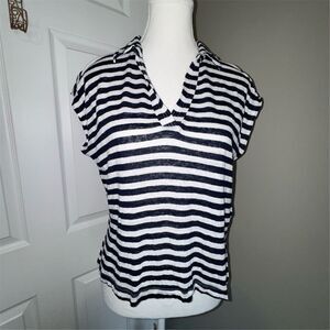 Sigrid Olsen Women's Blue / White Striped V-Neck Linen Blouse Size L Nautical